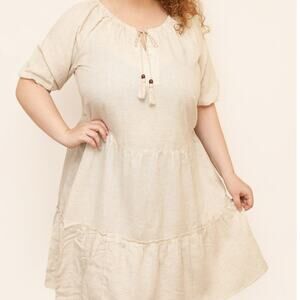 MLLE GABRIELLE 3X Beige Midi Dress Boho Peasant Lagenlook Tassel Tie Ruffle Tier